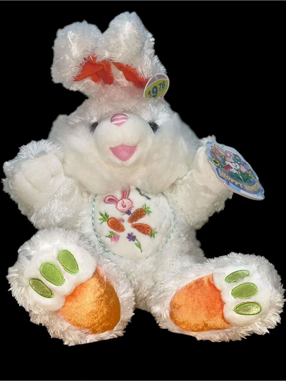 Vintage Hoppy Hopster White Easter Bunny Plush with Carrot Bib 24”